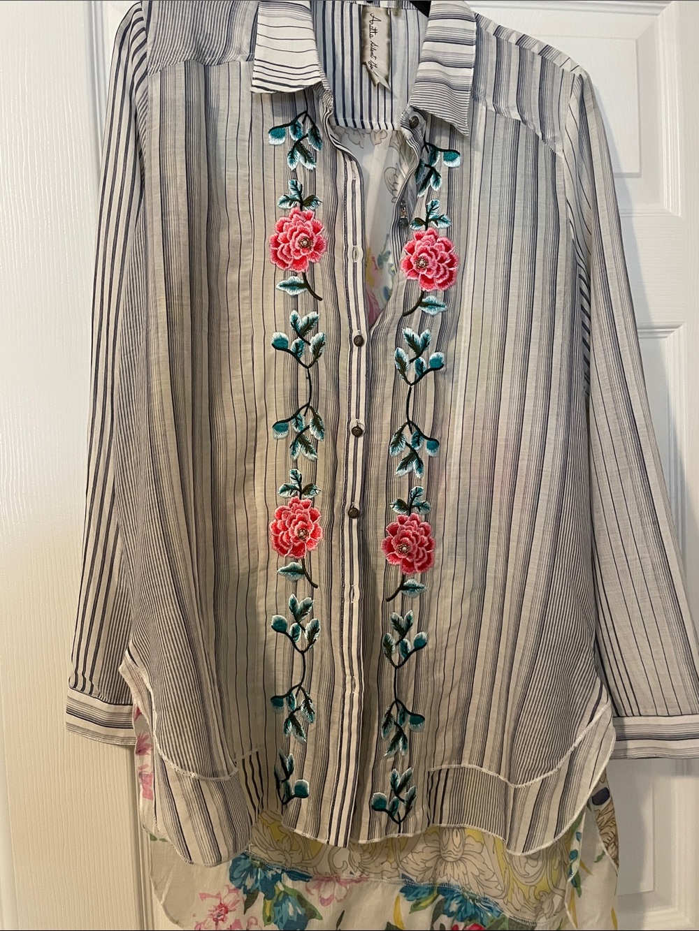 Aratta Gray & White Striped Button-Down Shirt with Pink Floral Embroidery